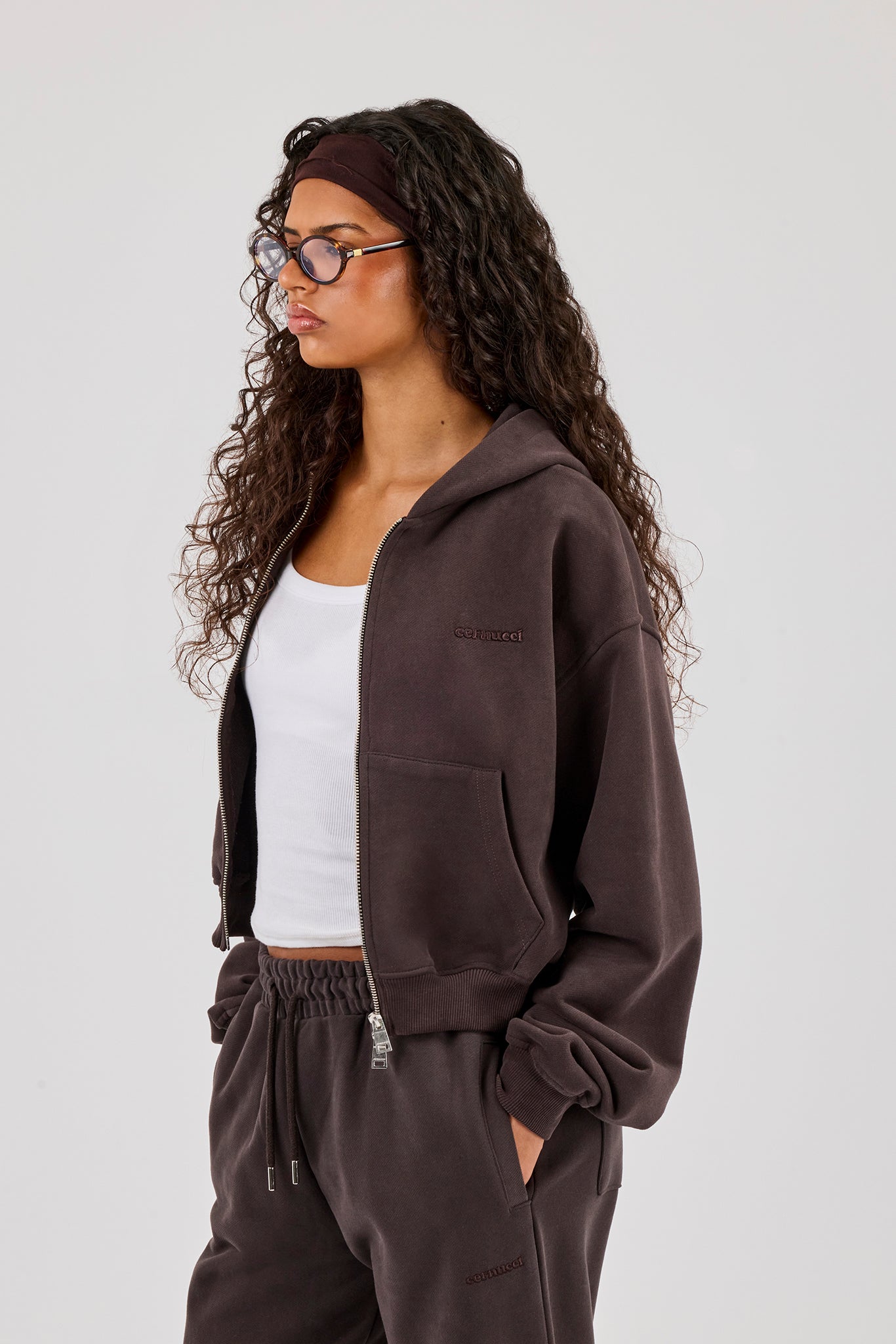 Cernucci Zip Through Cropped Hoodie - Coffee